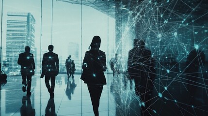 Poster - Silhouettes of business people walking in the office with network hologram - Generated AI