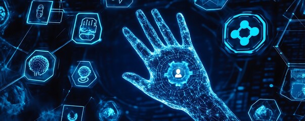 Poster - A digital hand with glowing circuitry surrounded by technology icons and symbols.