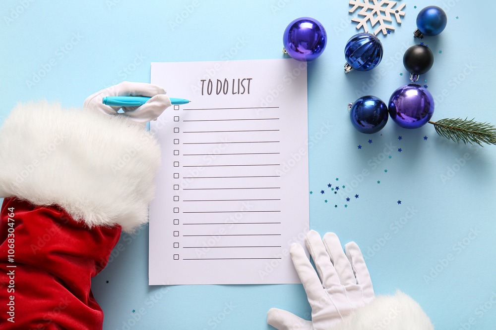 Santa Claus writing to-do list with Christmas decor on blue background