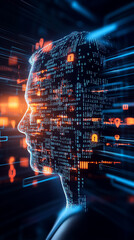 Poster - A digital human profile filled with data streams and security icons, showcasing modern technology themes