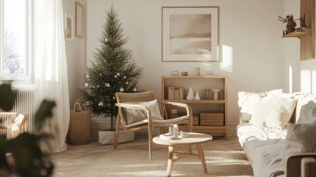Cozy Scandinavian Christmas living room with a small tree, neutral colors, and natural wooden decor for a minimalist holiday vibe.