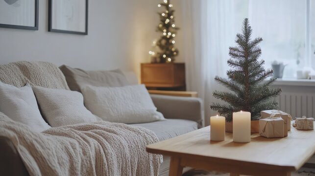 Cozy Scandinavian Christmas living room with a small tree, neutral colors, and natural wooden decor for a minimalist holiday vibe.