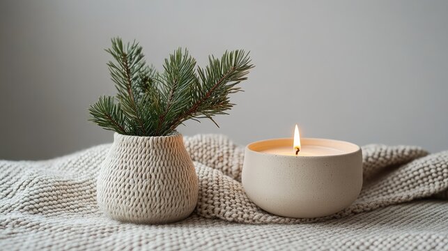 Cozy Scandinavian corner with a candle, woven blanket, and pine branch in a simple vase, against a neutral backdrop.