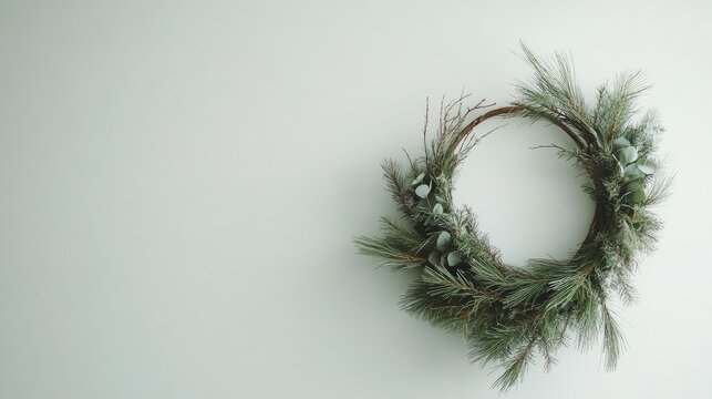 Minimalist Christmas wreath with natural pine and eucalyptus, hung on a simple white wall, creating a cozy, Scandinavian holiday look.