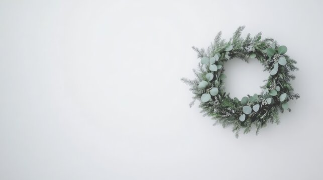 Minimalist Christmas wreath with natural pine and eucalyptus, hung on a simple white wall, creating a cozy, Scandinavian holiday look.
