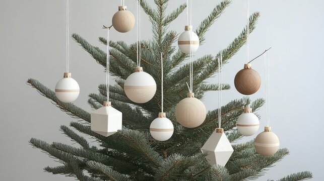 Minimalist Scandinavian tree decor with white, beige, and wooden ornaments in simple geometric shapes.