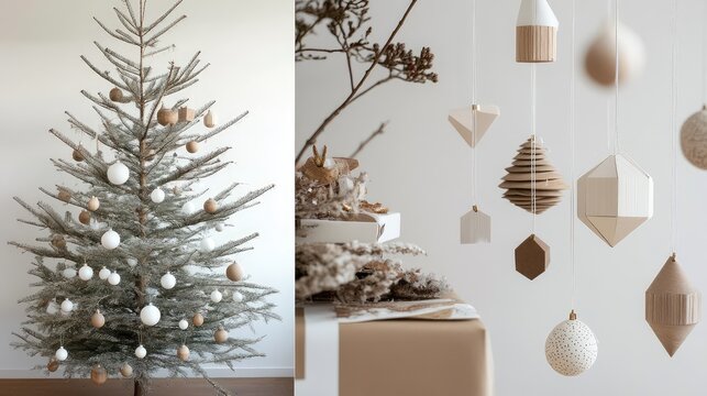 Minimalist Scandinavian tree decor with white, beige, and wooden ornaments in simple geometric shapes.