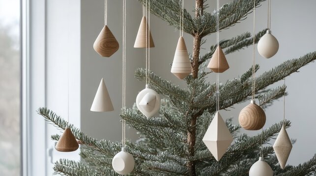 Minimalist Scandinavian tree decor with white, beige, and wooden ornaments in simple geometric shapes.