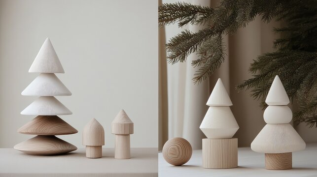 Minimalist Scandinavian tree decor with white, beige, and wooden ornaments in simple geometric shapes.