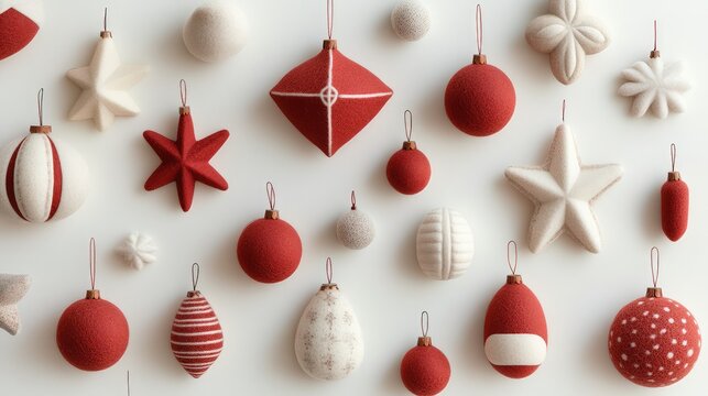 Muted red and white Scandinavian holiday ornaments made from felt and wood, arranged in a simple pattern on a light background.