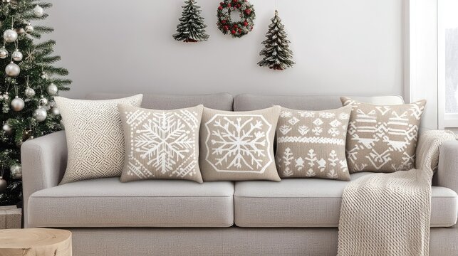 Neutral-toned Scandinavian holiday pillows with simple winter patterns, placed on a light gray couch for a cozy Christmas vibe.