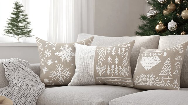 Neutral-toned Scandinavian holiday pillows with simple winter patterns, placed on a light gray couch for a cozy Christmas vibe.