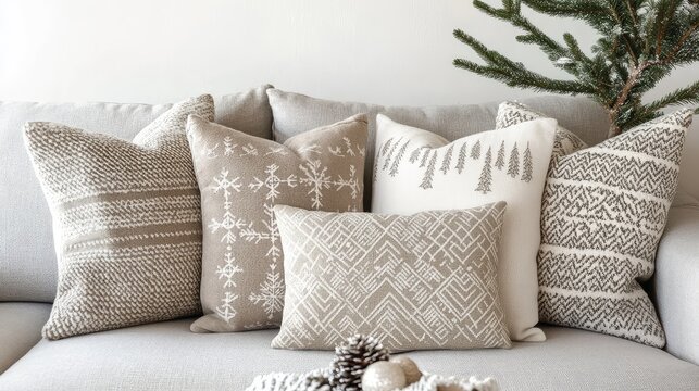 Neutral-toned Scandinavian holiday pillows with simple winter patterns, placed on a light gray couch for a cozy Christmas vibe.