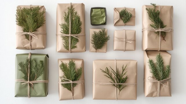 Scandinavian-inspired Christmas gifts wrapped in kraft paper with natural twine and sprigs of pine, on a white background.