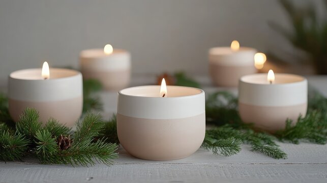 White and beige Scandinavian Christmas candles surrounded by minimal greenery on a simple, neutral tabletop.