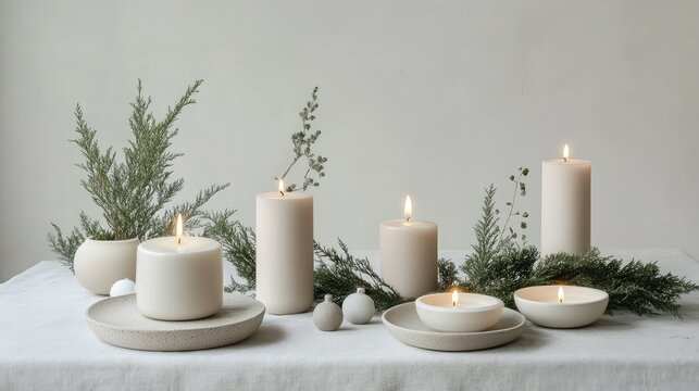 White and beige Scandinavian Christmas candles surrounded by minimal greenery on a simple, neutral tabletop.
