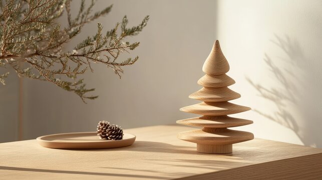 Wooden Christmas tree decor in a minimalist Scandinavian style, placed on a light wood table with soft, natural lighting.