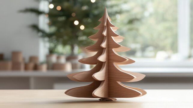 Wooden Christmas tree decor in a minimalist Scandinavian style, placed on a light wood table with soft, natural lighting.