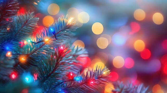 Abstract holiday lights shining through pine needles, with soft, blurred focus capturing the festive atmosphere.