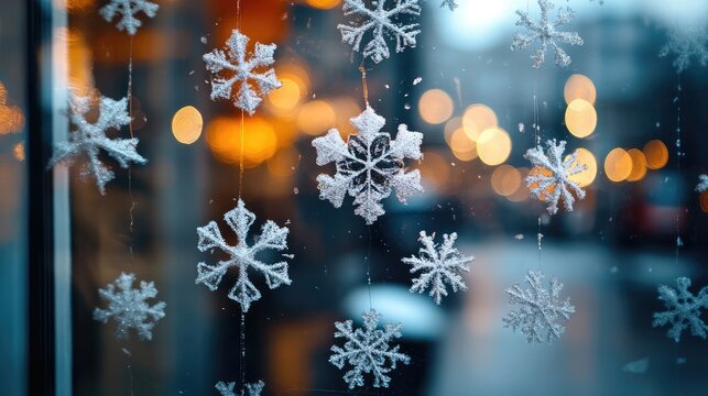 Abstract snowflakes on glass with glowing holiday lights blurred in the background, creating a festive winter mood.
