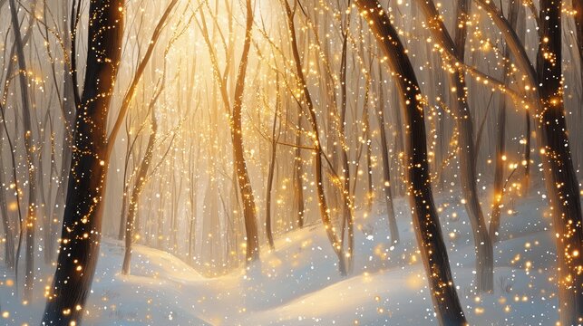 Abstract winter forest scene with sparkling lights woven into snowy branches, creating a magical holiday glow.