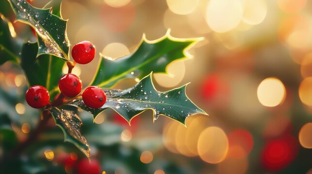Close-up of shimmering dewdrops on holly leaves, reflecting soft holiday colors in an abstract bokeh effect.