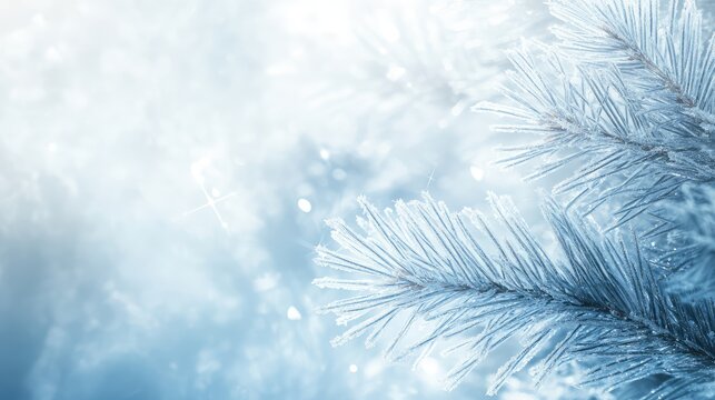 Close-up of icy pine needles in abstract focus, with hints of holiday sparkle against a soft, blurred background.