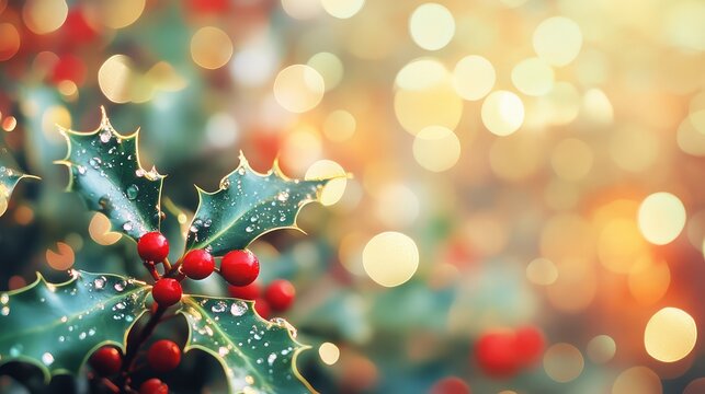 Close-up of shimmering dewdrops on holly leaves, reflecting soft holiday colors in an abstract bokeh effect.