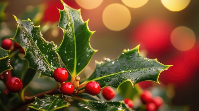 Close-up of shimmering dewdrops on holly leaves, reflecting soft holiday colors in an abstract bokeh effect.