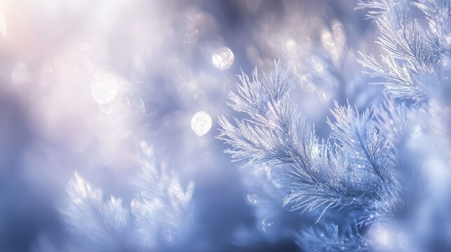 Close-up of icy pine needles in abstract focus, with hints of holiday sparkle against a soft, blurred background.