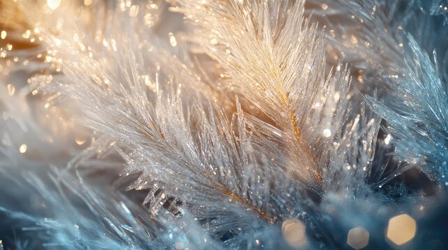 Close-up of icy pine needles in abstract focus, with hints of holiday sparkle against a soft, blurred background.