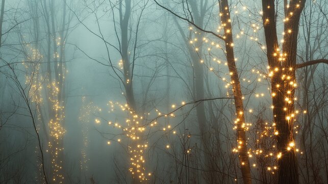 Foggy winter forest with gentle holiday lights faintly glowing, forming a serene, abstract holiday atmosphere.