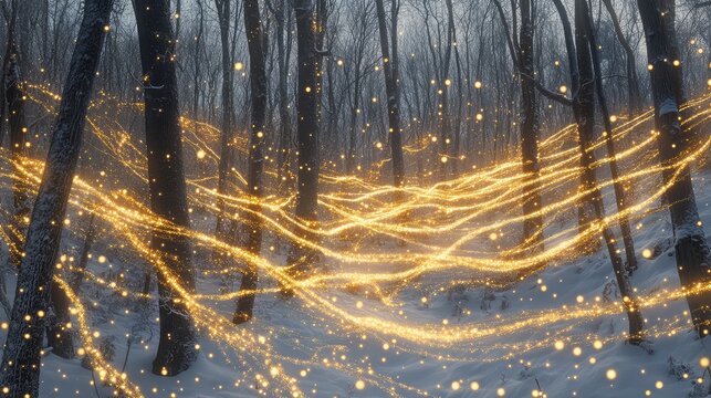 Golden holiday light trails weaving through snowy forest branches, creating an abstract, ethereal effect.