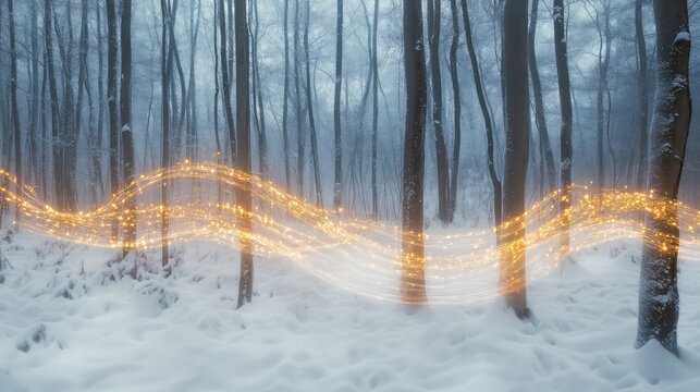 Light trails weaving through a snow-covered forest, creating a magical, abstract holiday scene.