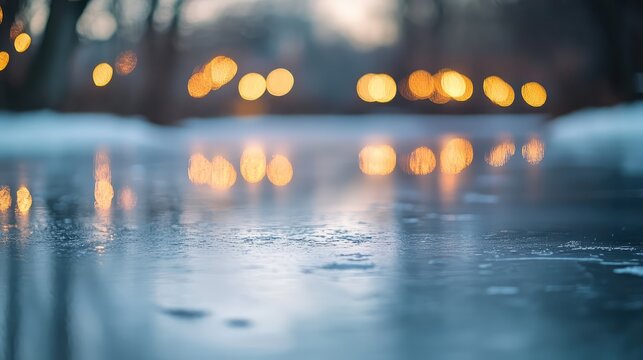 Soft bokeh of holiday lights reflecting off a frozen pond, creating a dreamy, abstract winter landscape.