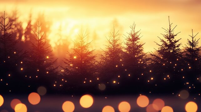 Subtle silhouette of trees against a golden sunset, with soft holiday lights casting a warm, abstract glow.