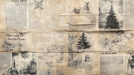 Sticker - Vintage newspaper wrapping with hand-drawn Christmas illustrations, showing the unique texture of aged paper.