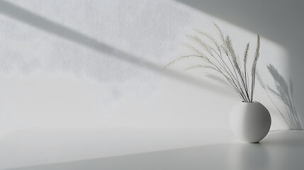 Poster - A serene scene featuring a minimalist vase with soft shadows and light creating textured patterns on a white wall.