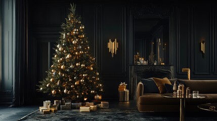 Sticker - Christmas tree adorned with sleek Art Deco-inspired baubles in gold and silver, set against a dark backdrop.