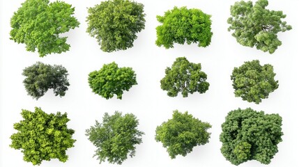 collection of tree views from above isolated on white background