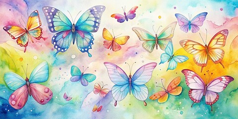 Fototapete - Colorful Hand-Drawn Butterflies on White Watercolor Background - Pastel Vector Illustrations for Creative Projects