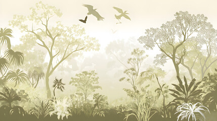 Aufkleber - A serene jungle scene with trees, plants, and birds, creating a tranquil atmosphere filled with lush greenery and natural beauty.