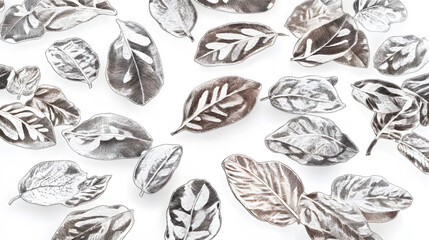 Poster - A collection of monochrome leaves arranged artistically on a white background, showcasing intricate textures and patterns.