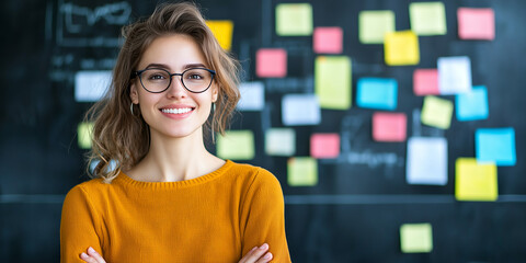 Aufkleber - woman in yellow sweater stands confidently in front of blackboard covered with colorful sticky notes, smiling warmly