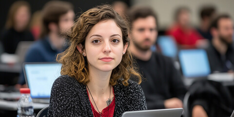 Poster - woman attentively participates in tech lab, surrounded by peers and laptops