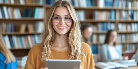 Poster - woman with glasses holding tablet in library, smiling warmly. Bookshelves filled with books are in background, creating cozy and intellectual atmosphere