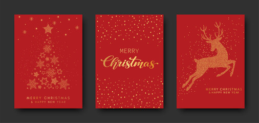luxury golden greeting card with merry christmas and happy new year. christmas tree, deer made of go
