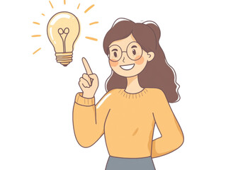 Poster - Young Woman Pointing to Light Bulb - Creativity & Innovation Concept