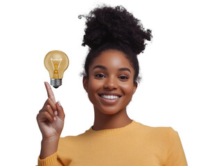 Poster - Young Woman Pointing to Light Bulb - Creativity & Innovation Concept