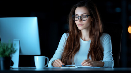 Poster - woman working diligently at her desk, surrounded by papers and computer, focused and determined in dimly lit office environment